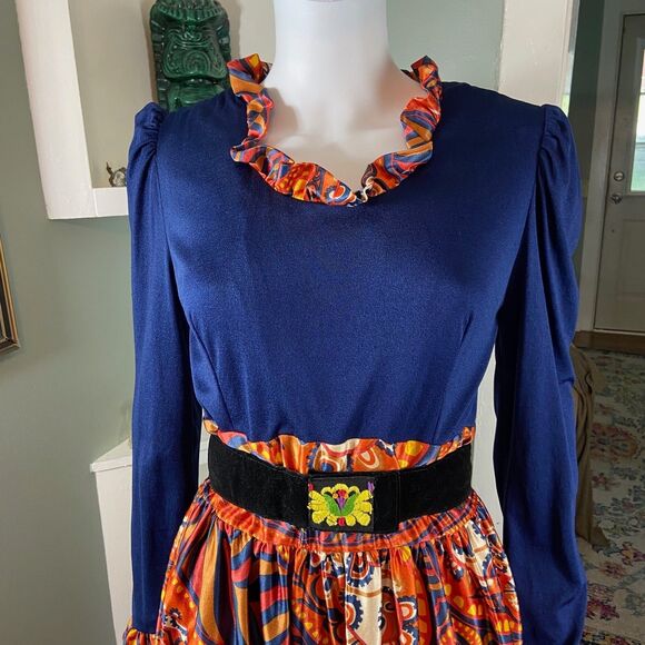 Vintage 60s 70s Paisley Psychedelic Ruffle Hostess Maxi Dress Large L Polyester - Picture 10 of 14